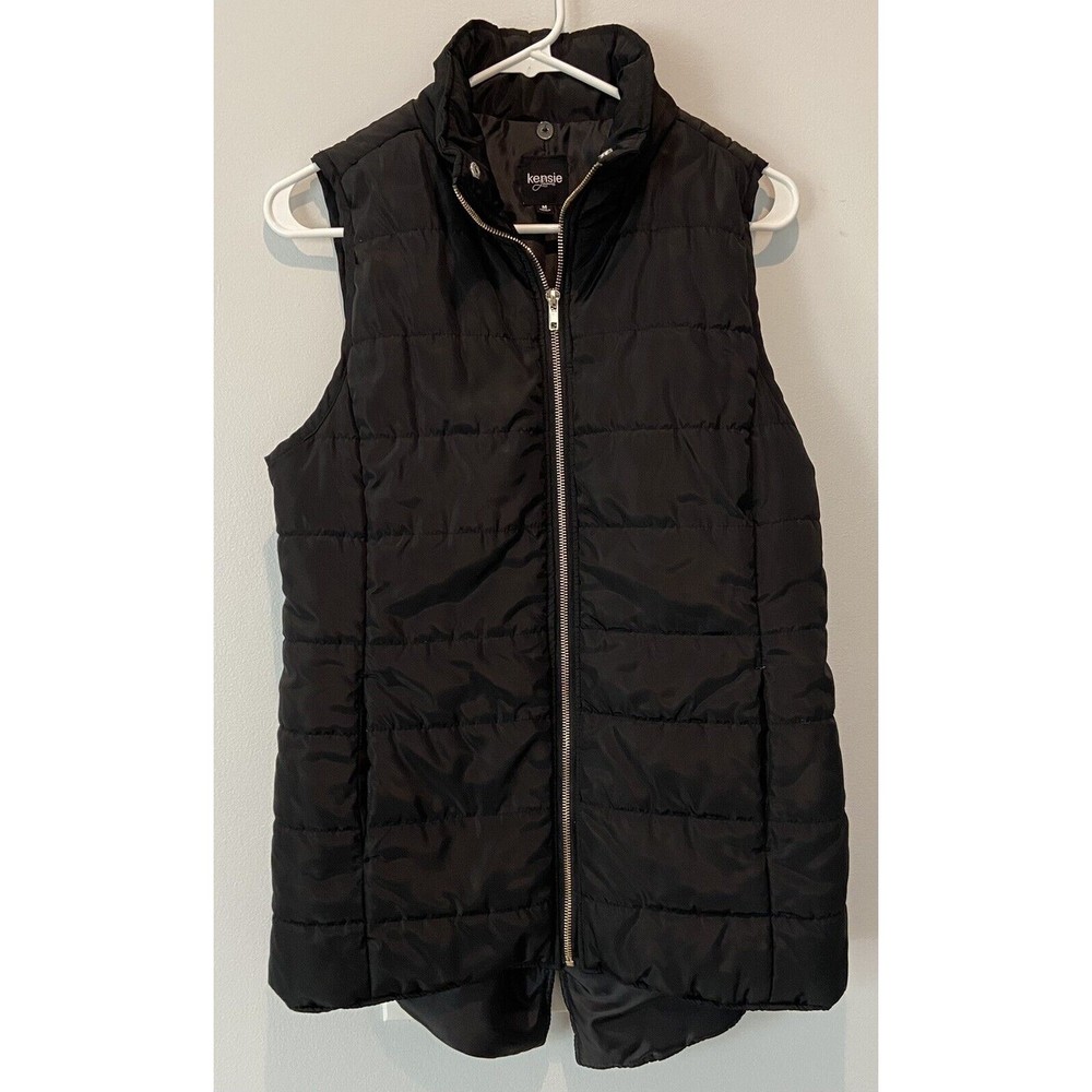 Kensie Jeans Womens Puffer Mid-length Vest Size M Black Sleeveless Zip Up
